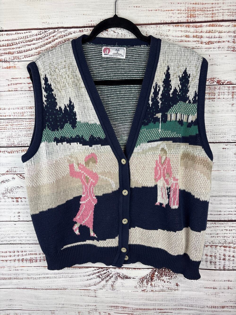VTG Isle Of Cotton Blue Golf Button Up Cardigan V-Neck Sweater Vest USA Womens L